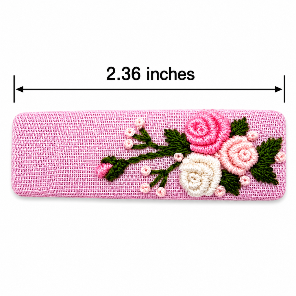 Handmade Rose Embroidery Hair Snap Clip, Pink Linen, Rectangle, 2.36"