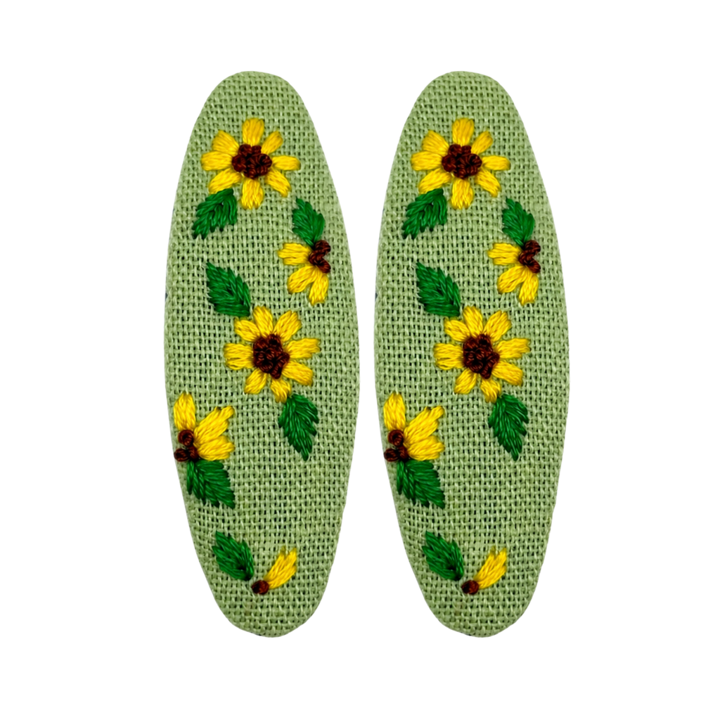 Handmade Embroidered Sunflower, Green Linen Hair Snap Clips, Oval, 2.36 in. (Pack of 2)