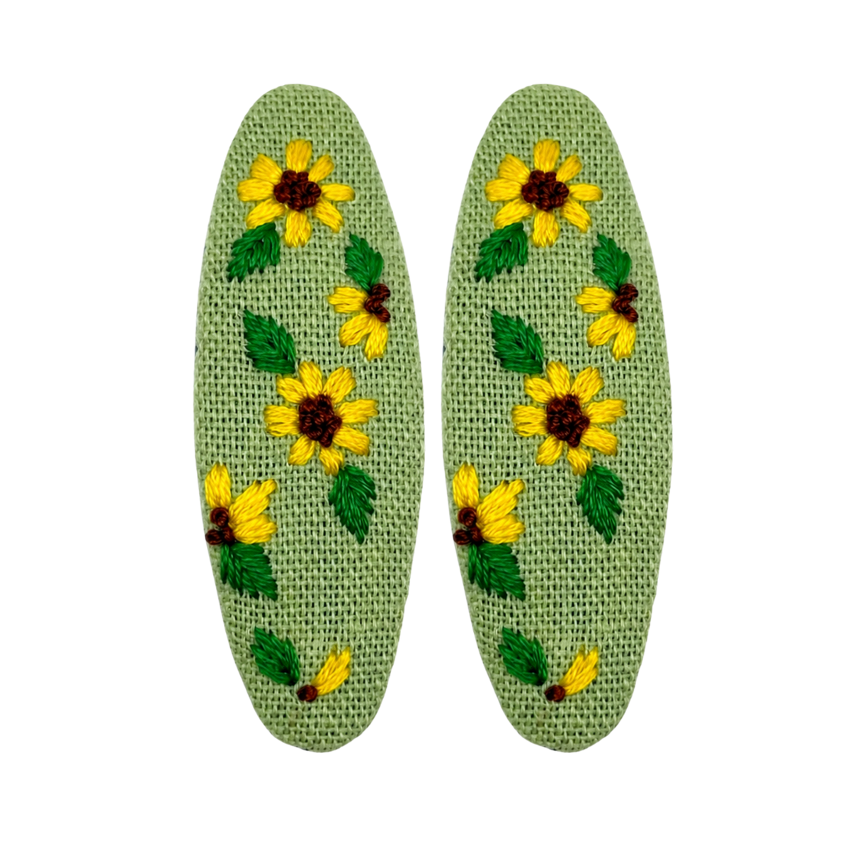 Handmade Embroidered Sunflower, Green Linen Hair Snap Clips, Oval, 2.36 in. (Pack of 2)