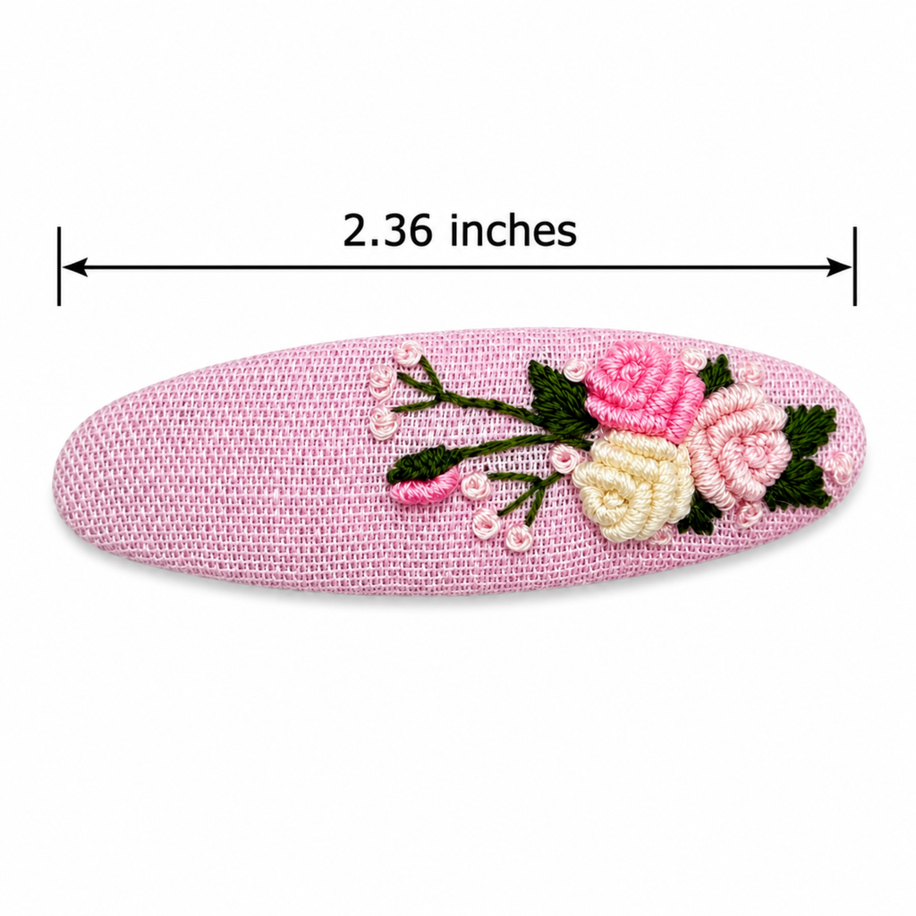 Handmade Rose Embroidery Hair Snap Clip, Pink Linen, Oval, 2.36"