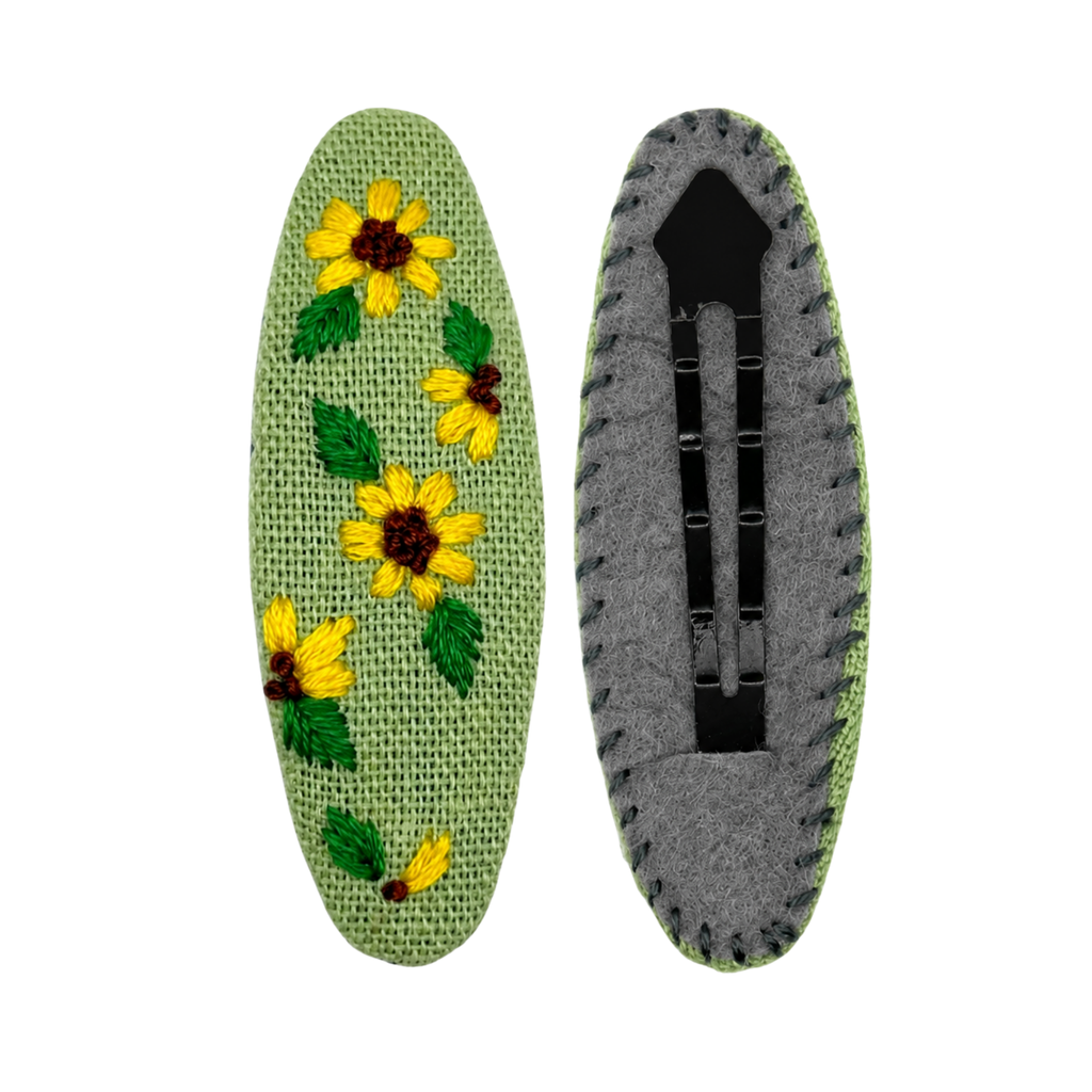 Handmade Embroidered Sunflower, Green Linen Hair Snap Clips, Oval, 2.36 in. (Pack of 2)