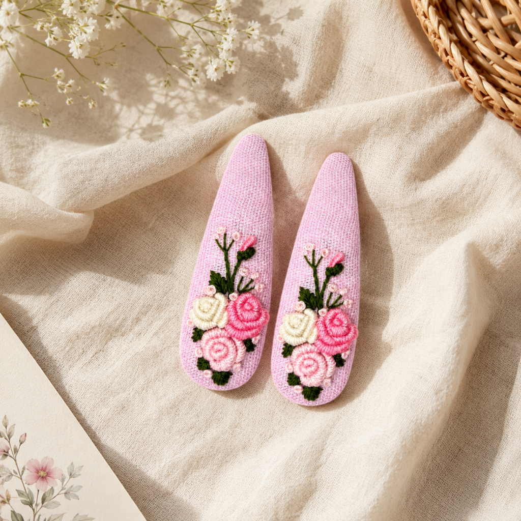Handmade Rose Embroidery Hair Snap Clip, Pink Linen, Teardrop, 2.36"