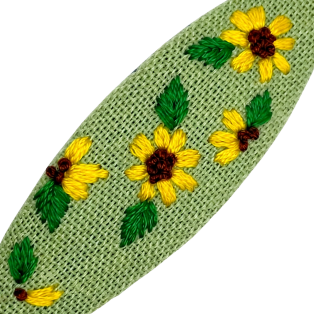 Handmade Embroidered Sunflower, Green Linen Hair Snap Clips, Oval, 2.36 in. (Pack of 2)