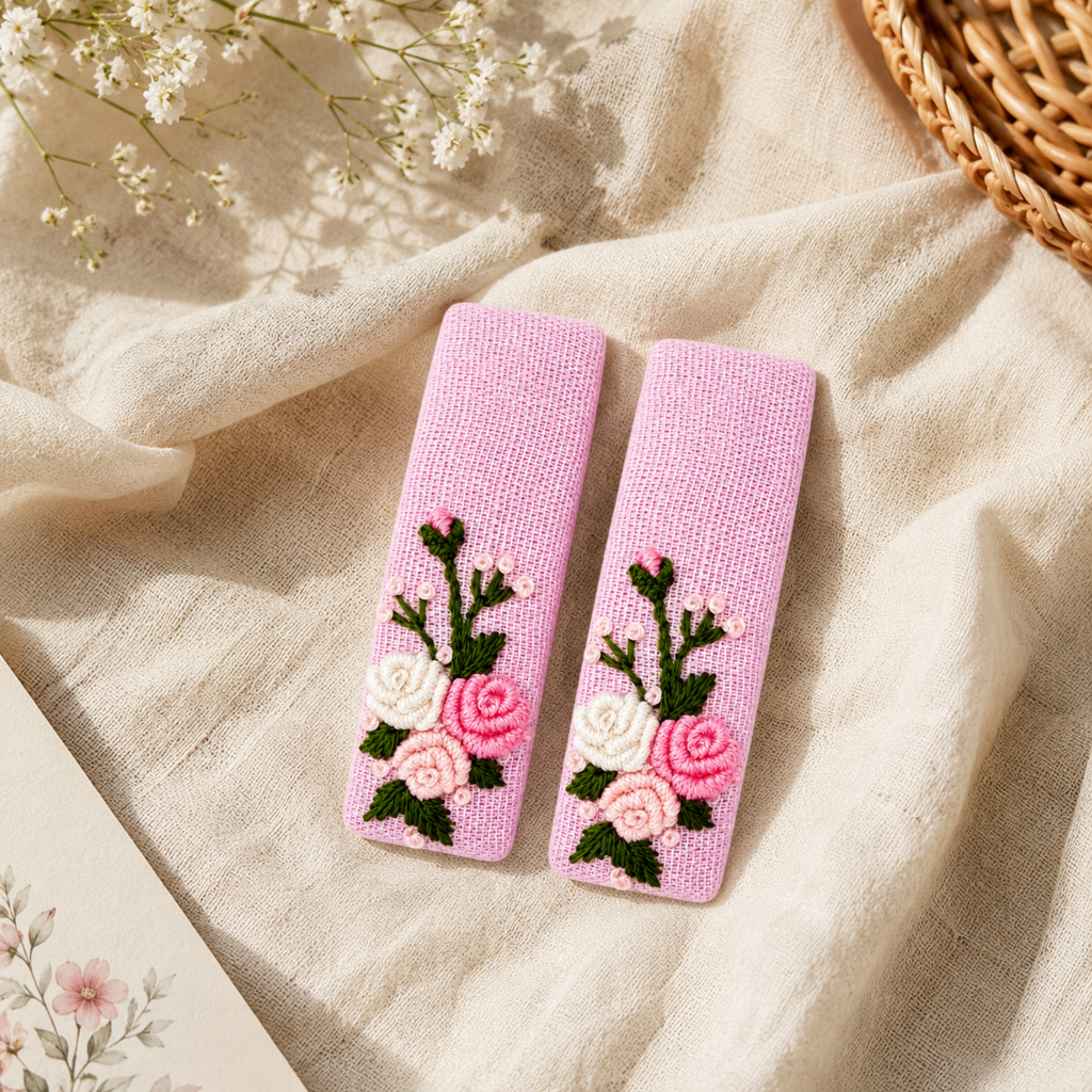 Handmade Rose Embroidery Hair Snap Clip, Pink Linen, Rectangle, 2.36"