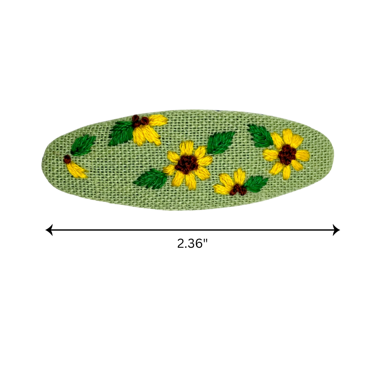 Handmade Embroidered Sunflower, Green Linen Hair Snap Clips, Oval, 2.36 in. (Pack of 2)