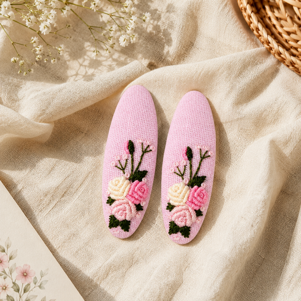 Handmade Rose Embroidery Hair Snap Clip, Pink Linen, Oval, 2.36"