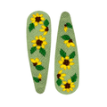 Handmade Embroidered Sunflower, Green Linen Hair Snap Clips, Teardrop, 2.36 in. (Pack of 2)