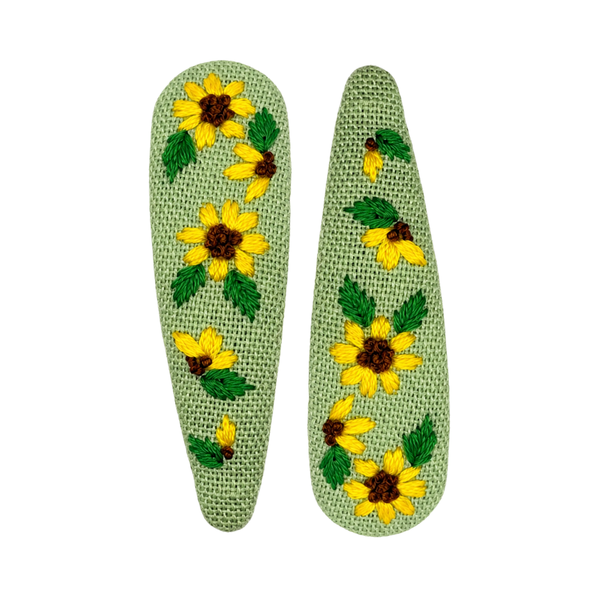 Handmade Embroidered Sunflower, Green Linen Hair Snap Clips, Teardrop, 2.36 in. (Pack of 2)