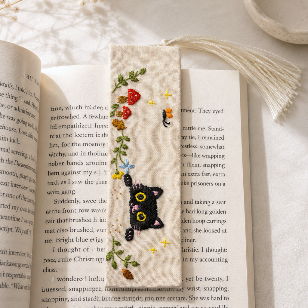 Handmade Embroidered Black Cat Linen Bookmark With Tassel - Peekaboo Cat, 5.5 x 1.6 in.
