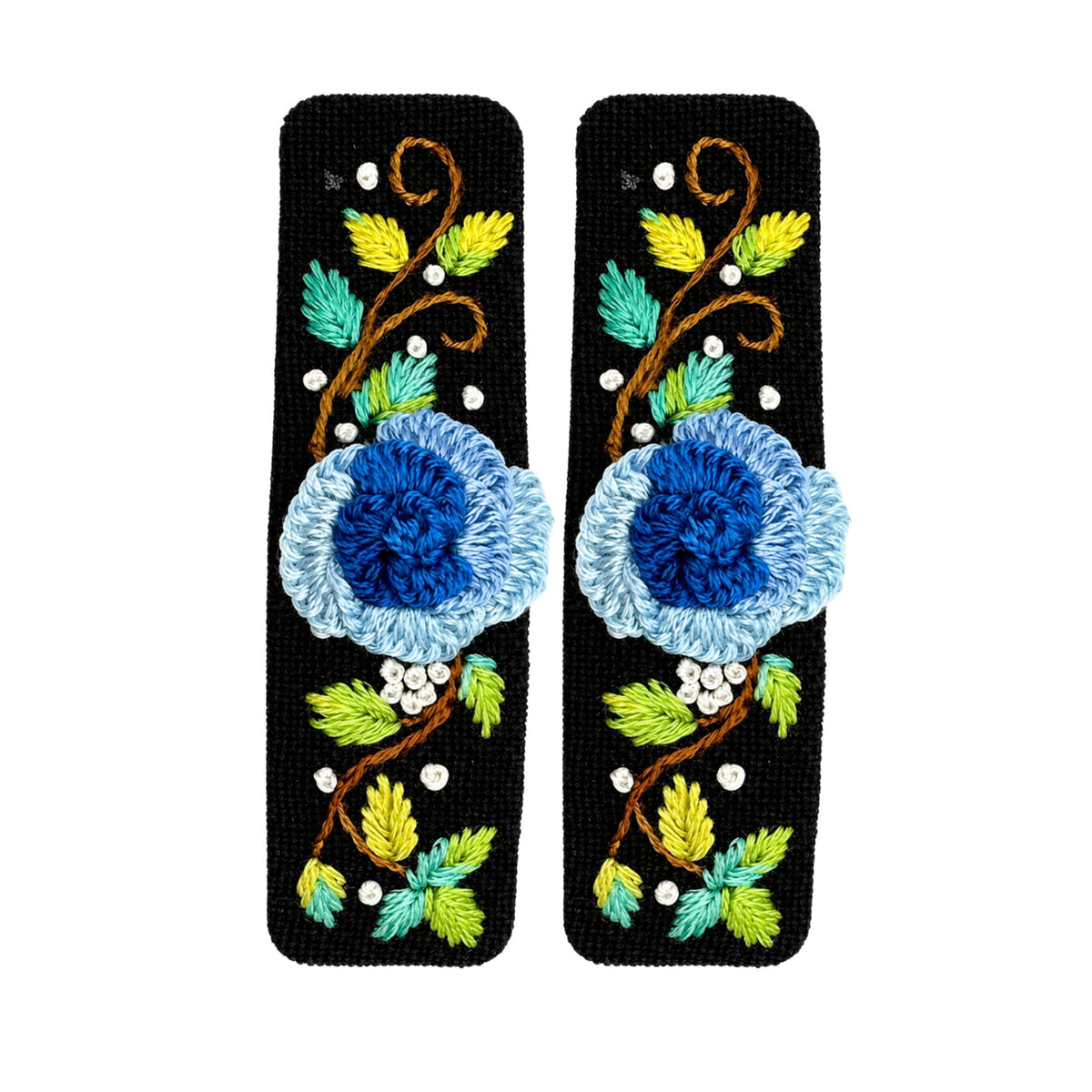 Hand Embroidered Ombre Blue Rose Linen Hair Snap Clips, Oval, 2.36 in. (Pack of 2)
