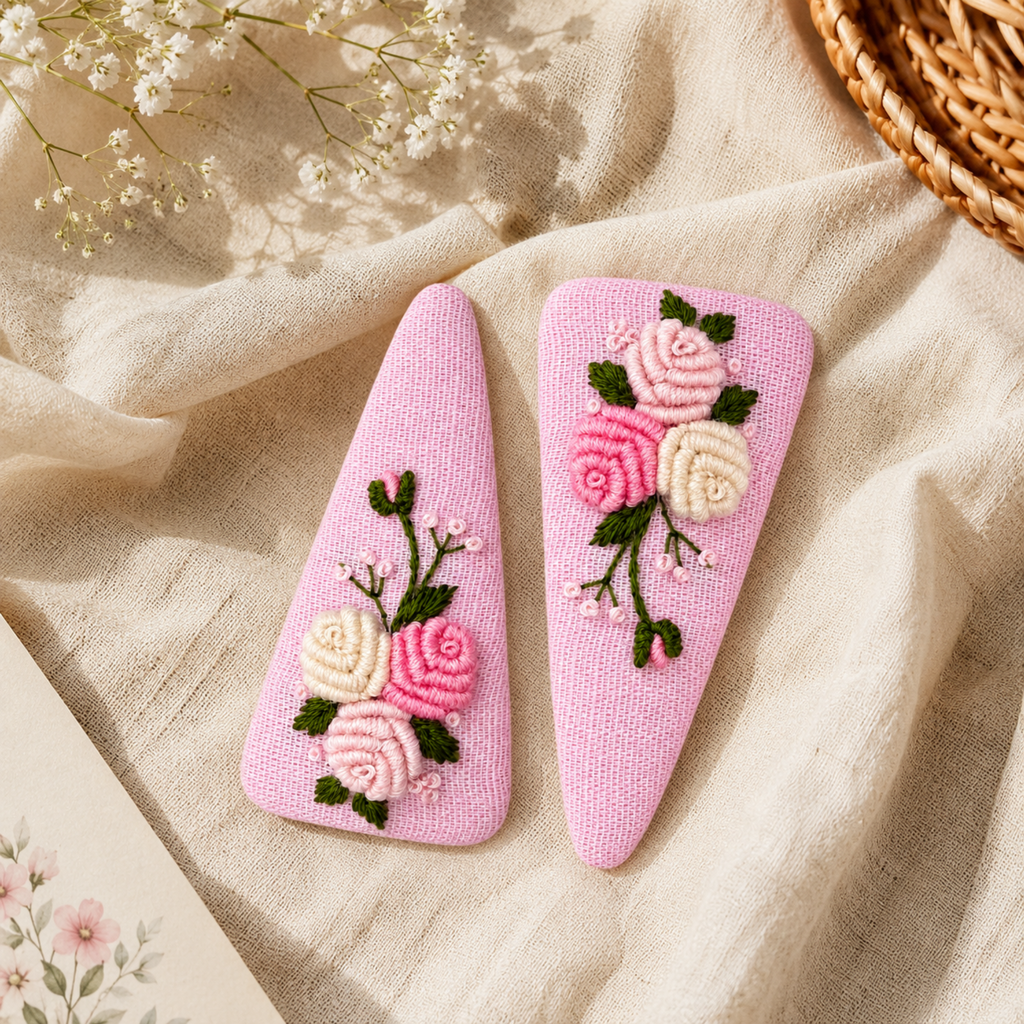 Handmade Rose Embroidery Hair Snap Clip, Pink Linen, Triangle, 2.36"