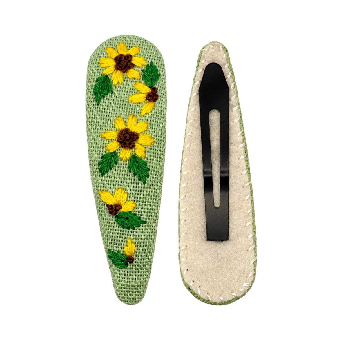 Handmade Embroidered Sunflower, Green Linen Hair Snap Clips, Teardrop, 2.36 in. (Pack of 2)