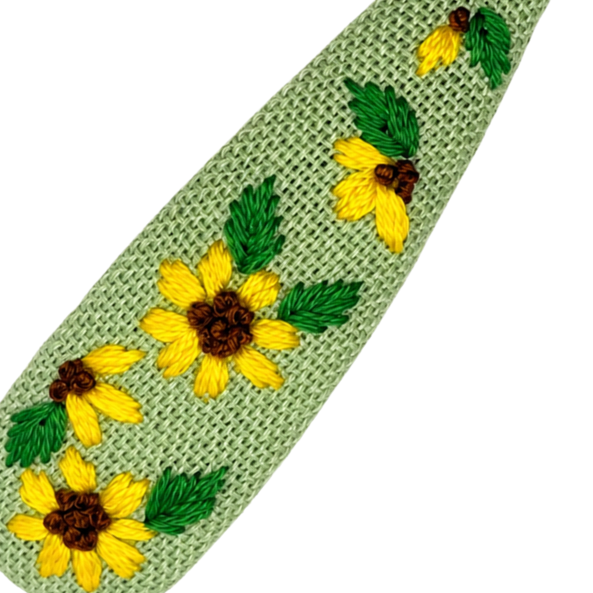 Handmade Embroidered Sunflower, Green Linen Hair Snap Clips, Teardrop, 2.36 in. (Pack of 2)