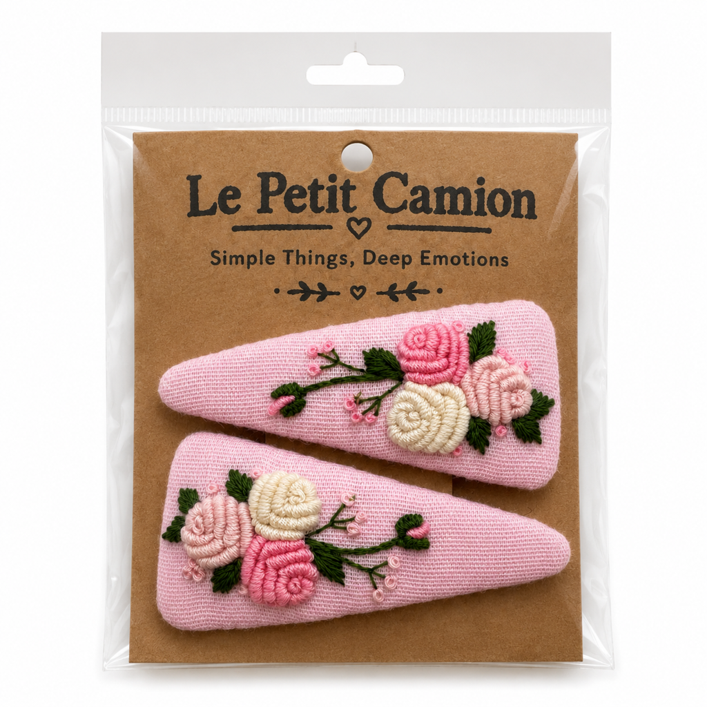 Handmade Rose Embroidery Hair Snap Clip, Pink Linen, Triangle, 2.36"