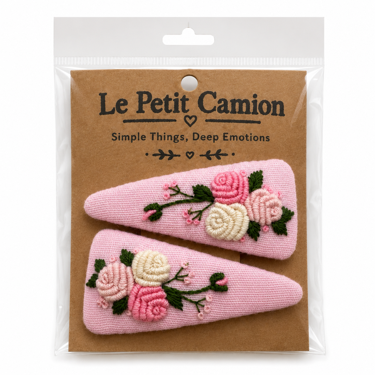 Handmade Rose Embroidery Hair Snap Clip, Pink Linen, Triangle, 2.36"