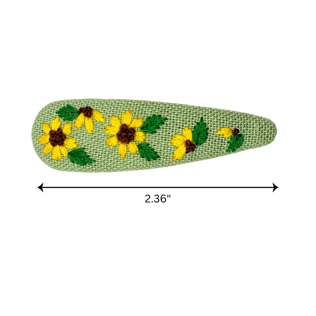 Handmade Embroidered Sunflower, Green Linen Hair Snap Clips, Teardrop, 2.36 in. (Pack of 2)