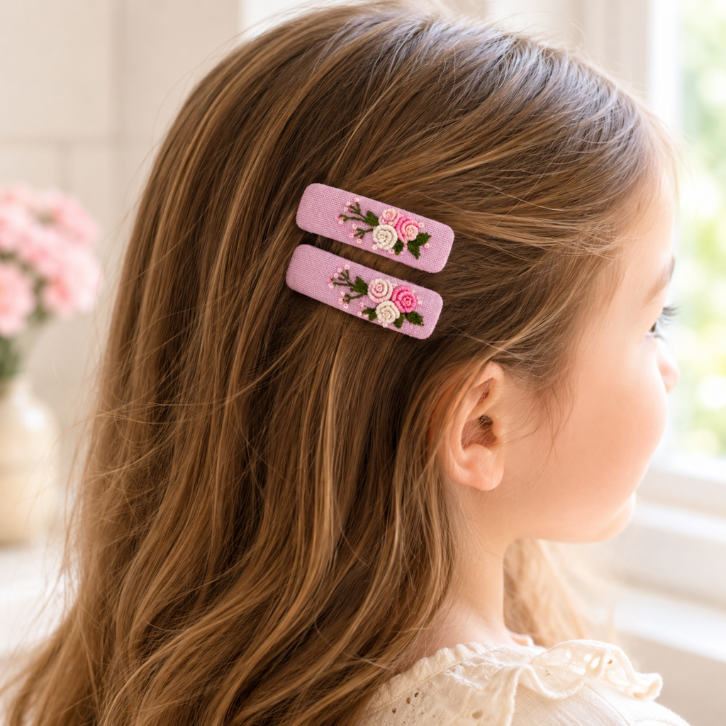 Handmade Rose Embroidery Hair Snap Clip, Pink Linen, Oval, 2.36"