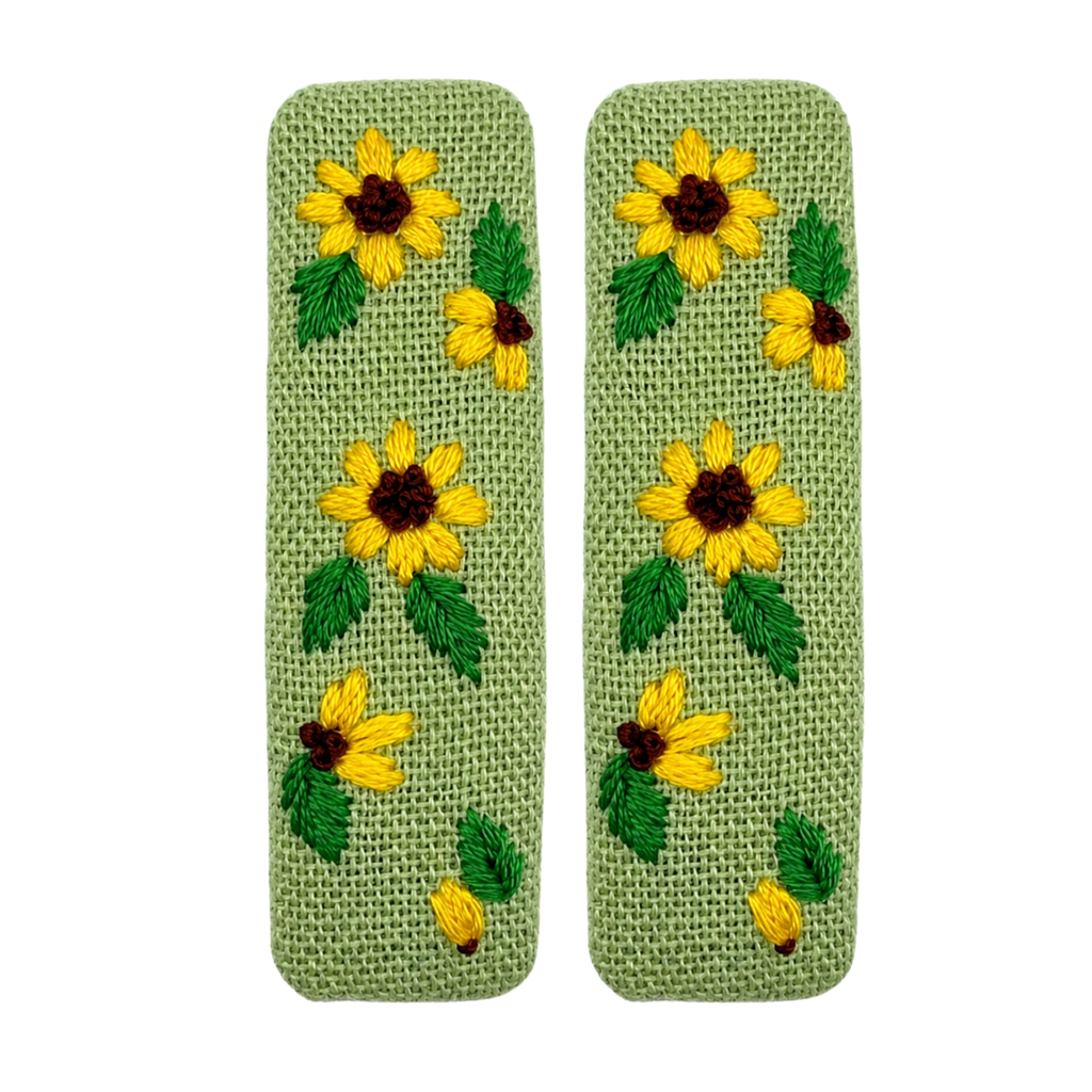 Handmade Embroidered Sunflower, Green Linen Hair Snap Clips, Rectangle, 2.36 in. (Pack of 2)