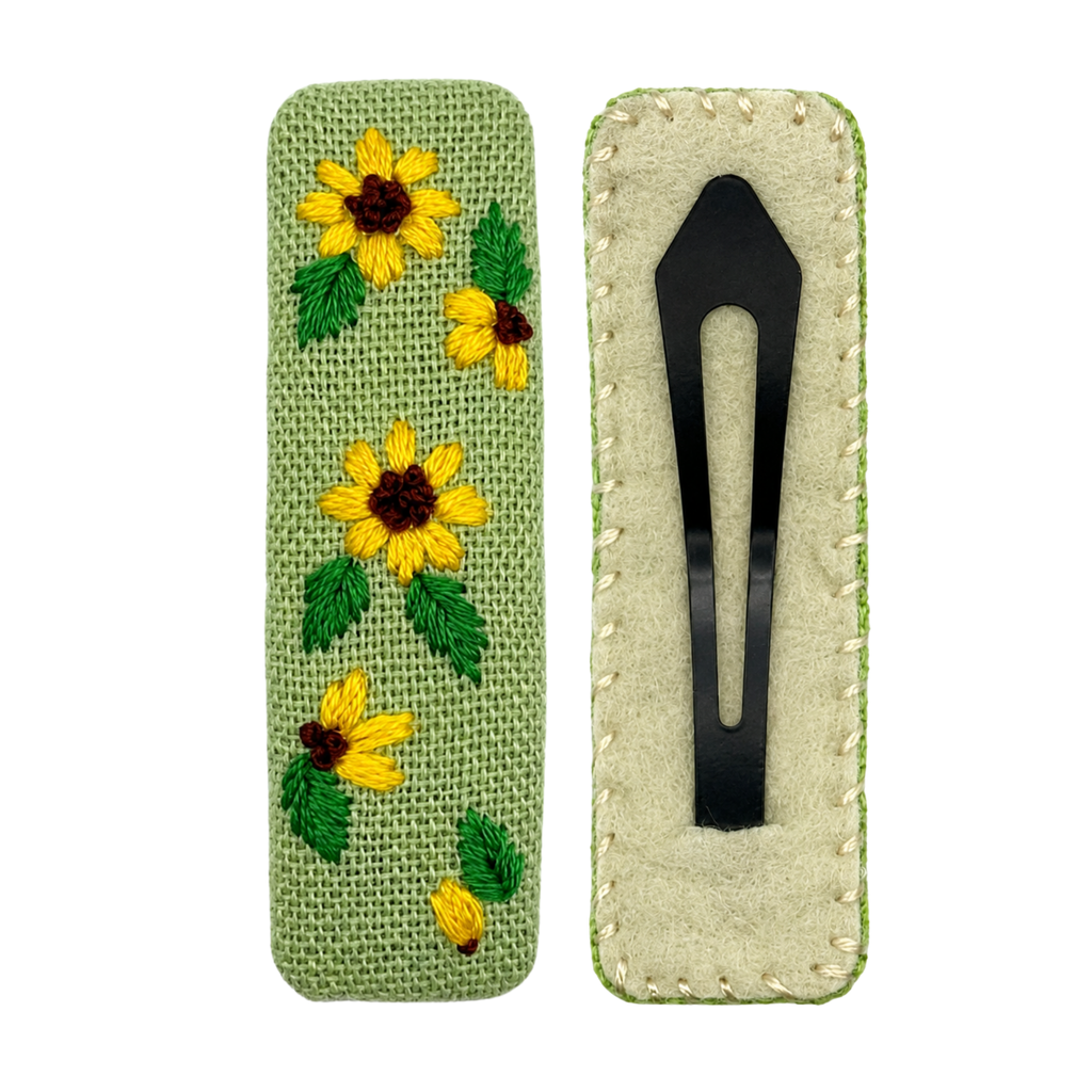 Handmade Embroidered Sunflower, Green Linen Hair Snap Clips, Rectangle, 2.36 in. (Pack of 2)