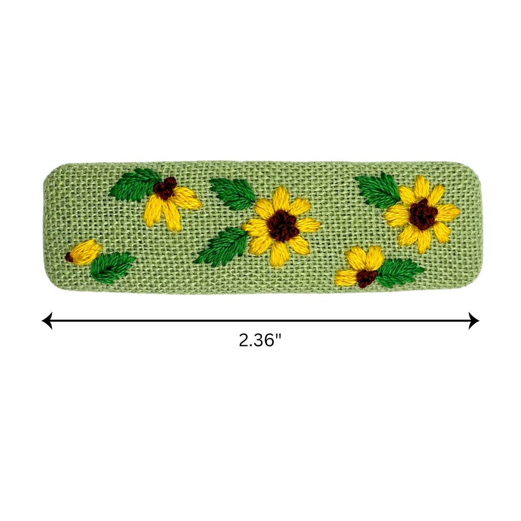 Handmade Embroidered Sunflower, Green Linen Hair Snap Clips, Rectangle, 2.36 in. (Pack of 2)