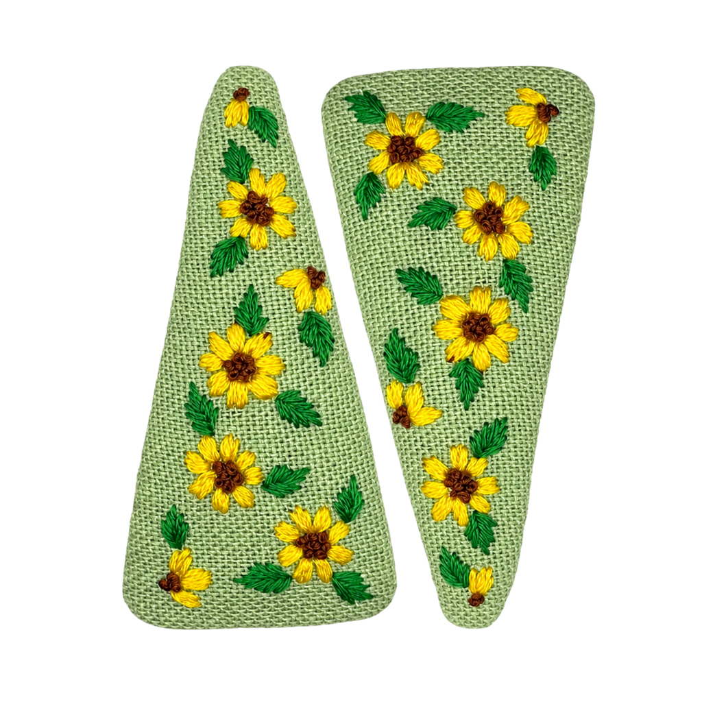 Handmade Embroidered Sunflower, Green Linen Hair Snap Clips, Triangle, 2.76 in. (Pack of 2)