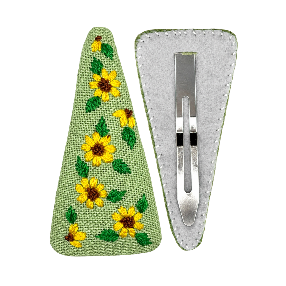 Handmade Embroidered Sunflower, Green Linen Hair Snap Clips, Triangle, 2.76 in. (Pack of 2)