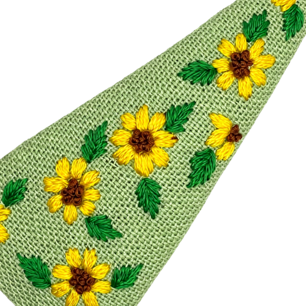 Handmade Embroidered Sunflower, Green Linen Hair Snap Clips, Triangle, 2.76 in. (Pack of 2)