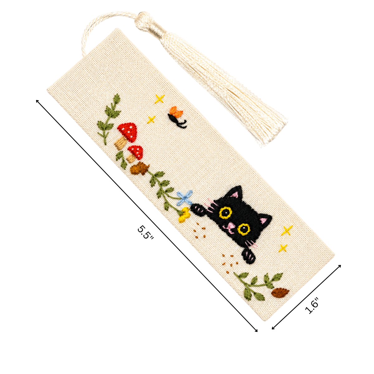 Handmade Embroidered Black Cat Linen Bookmark With Tassel - Peekaboo Cat, 5.5 x 1.6 in.