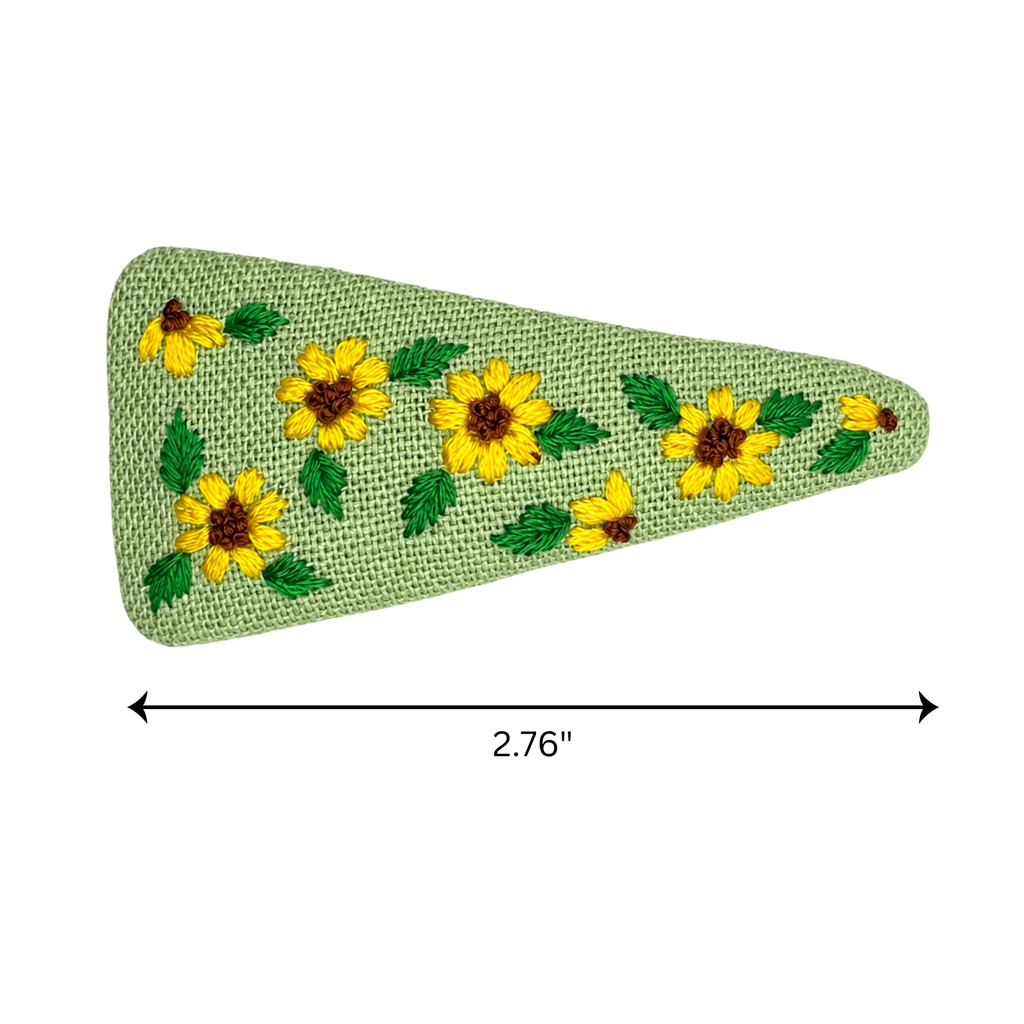 Handmade Embroidered Sunflower, Green Linen Hair Snap Clips, Triangle, 2.76 in. (Pack of 2)