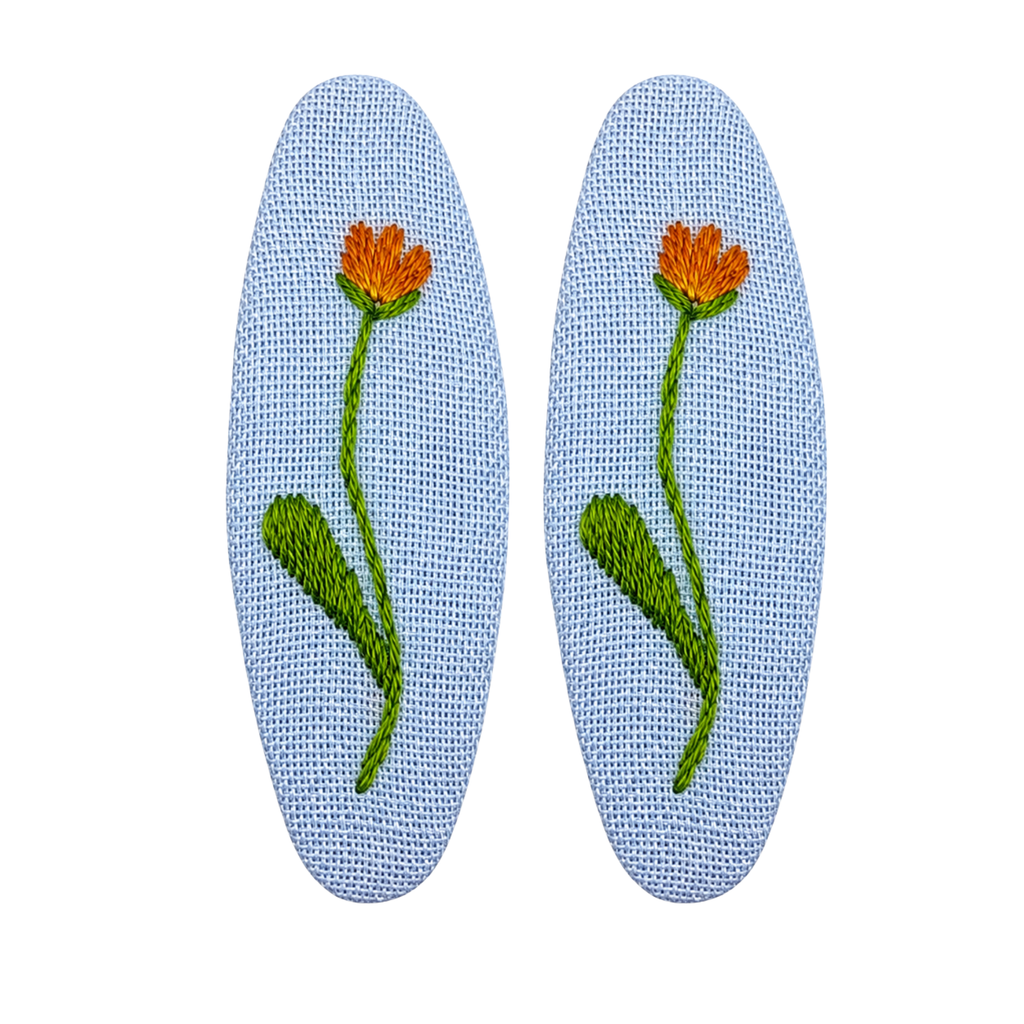 Handmade Embroidered Orange Flower, Light Blue Linen Hair Snap Clips, Oval, 2.36 in. (Pack of 2)