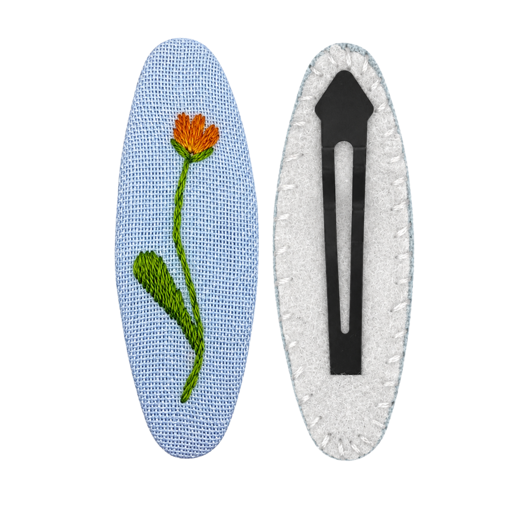 Handmade Embroidered Orange Flower, Light Blue Linen Hair Snap Clips, Oval, 2.36 in. (Pack of 2)