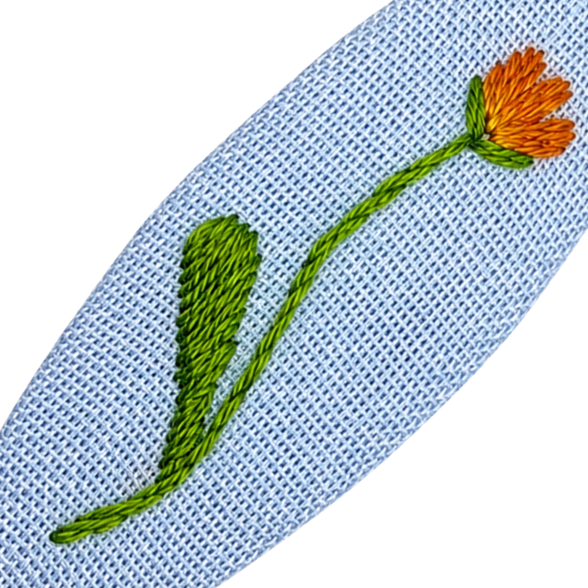 Handmade Embroidered Orange Flower, Light Blue Linen Hair Snap Clips, Oval, 2.36 in. (Pack of 2)