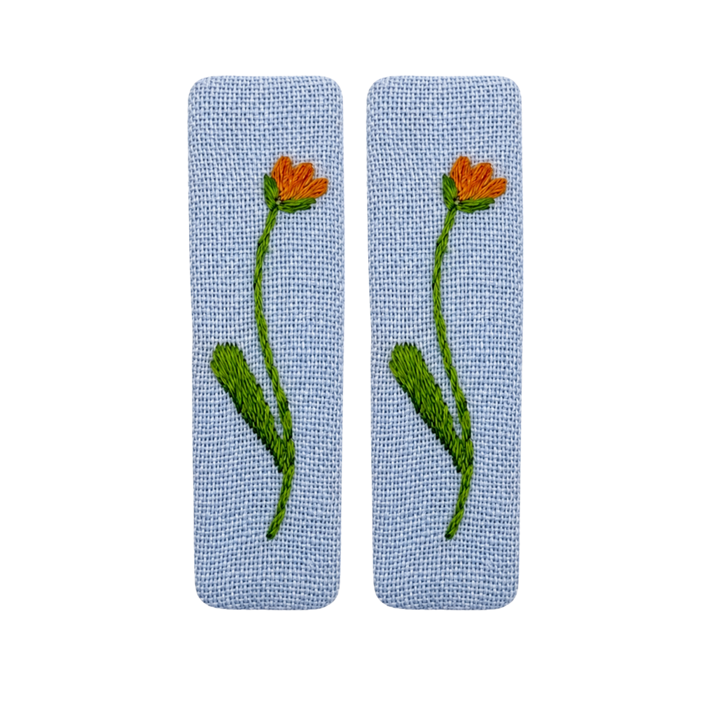 Handmade Embroidered Orange Flower, Light Blue Linen Hair Snap Clips, Rectangle, 2.36 in. (Pack of 2)
