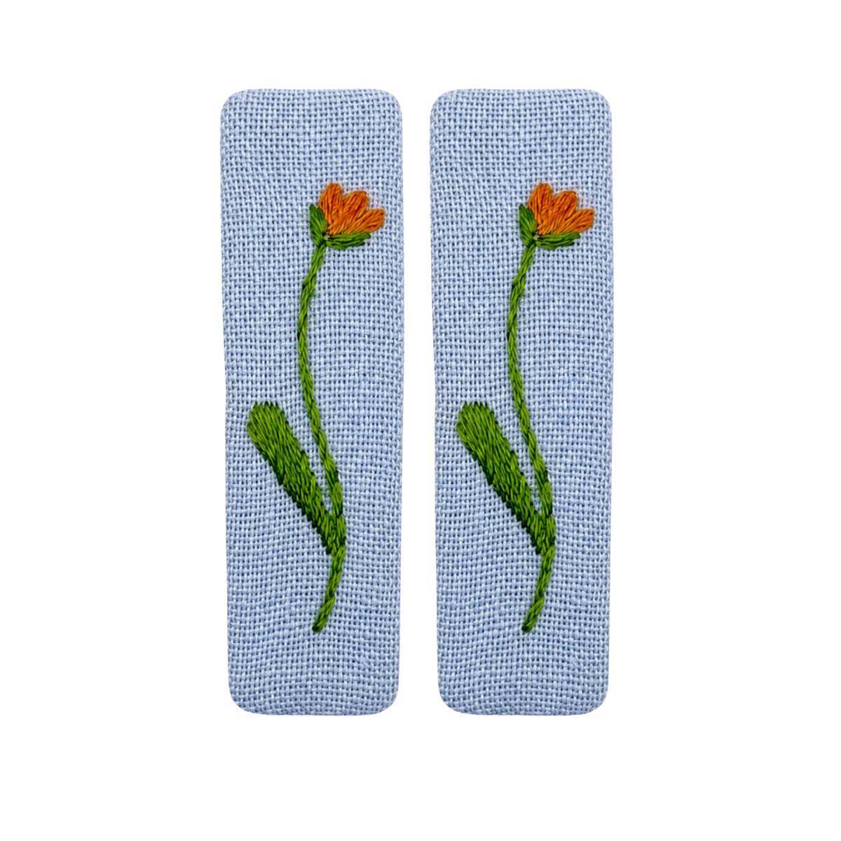Handmade Embroidered Orange Flower, Light Blue Linen Hair Snap Clips, Rectangle, 2.36 in. (Pack of 2)
