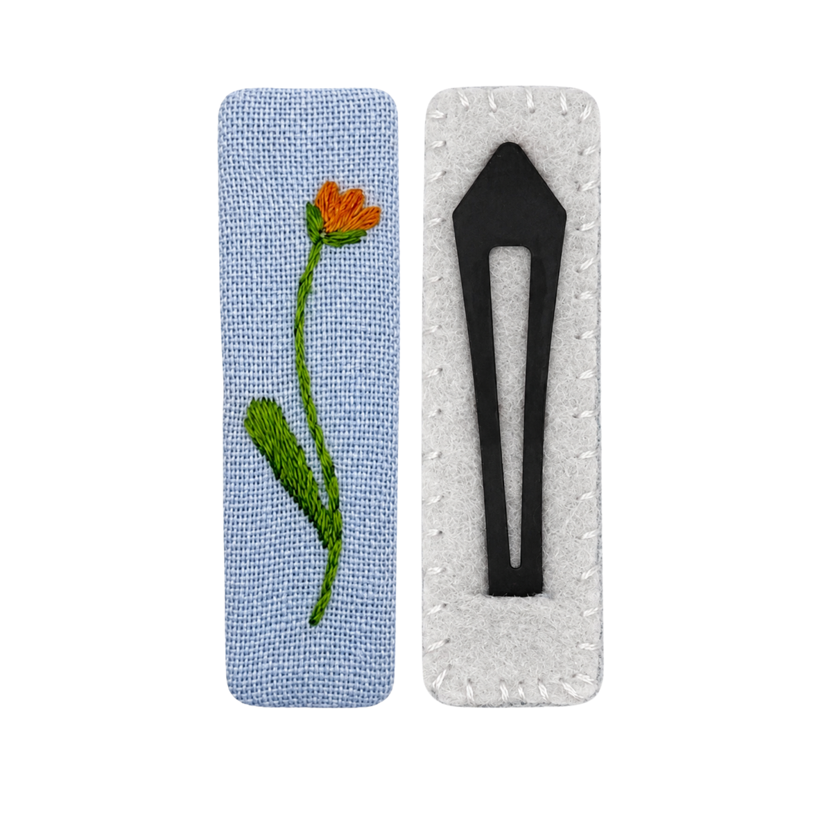 Handmade Embroidered Orange Flower, Light Blue Linen Hair Snap Clips, Rectangle, 2.36 in. (Pack of 2)