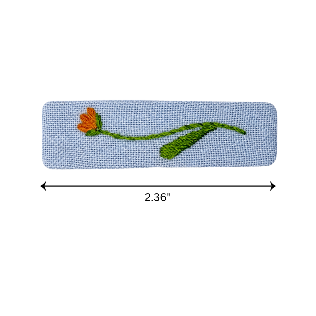 Handmade Embroidered Orange Flower, Light Blue Linen Hair Snap Clips, Rectangle, 2.36 in. (Pack of 2)
