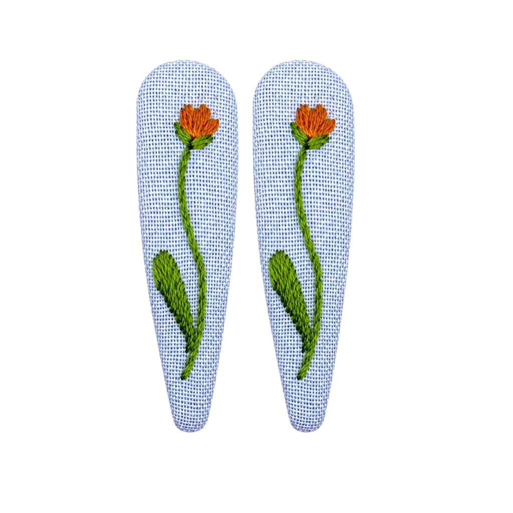 Handmade Embroidered Orange Flower, Light Blue Linen Hair Snap Clips, Teardrop, 2.36 in. (Pack of 2)