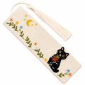 Handmade Embroidered Black Cat Linen Bookmark With Tassel - Garden Cat, 5.5 x 1.6 in.