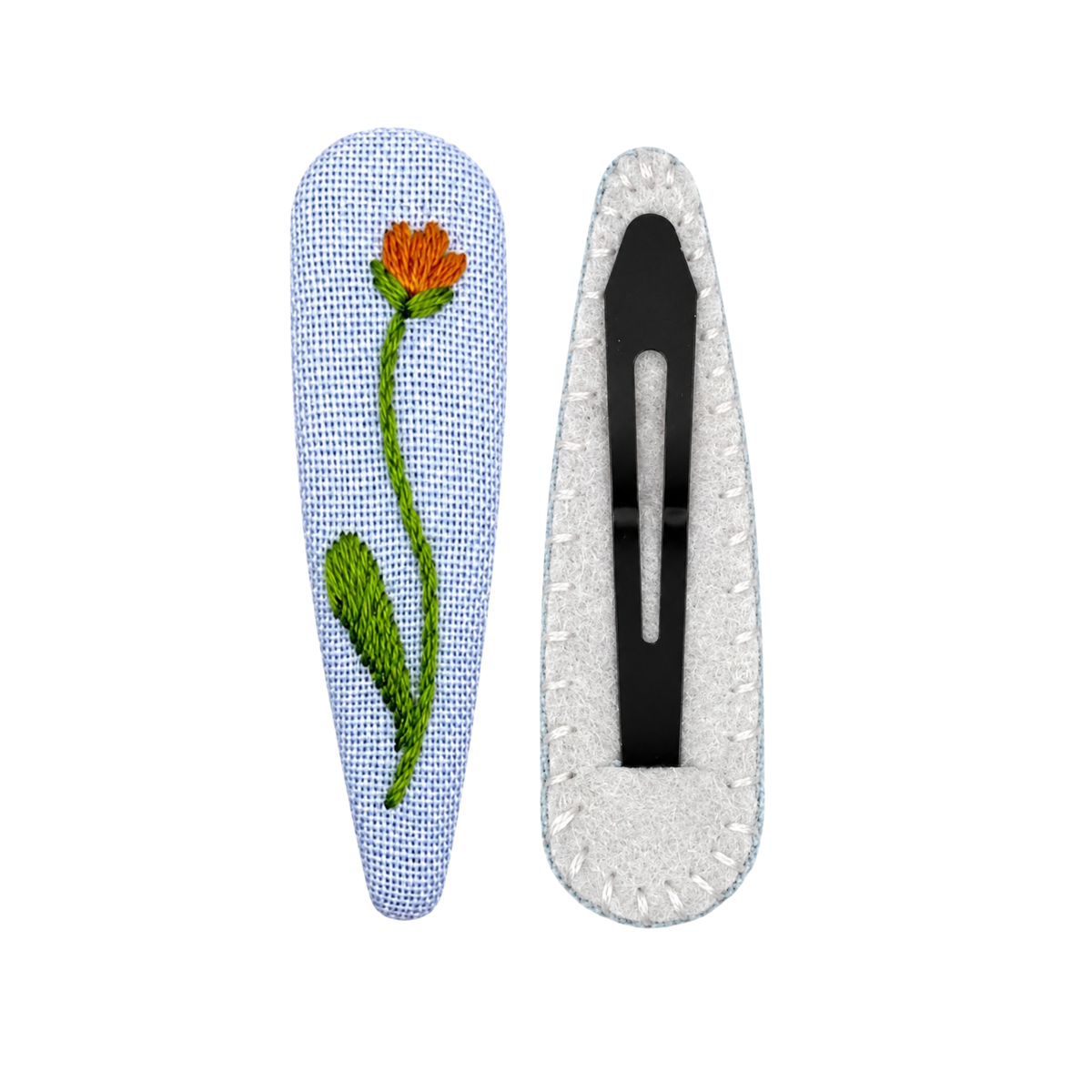 Handmade Embroidered Orange Flower, Light Blue Linen Hair Snap Clips, Teardrop, 2.36 in. (Pack of 2)