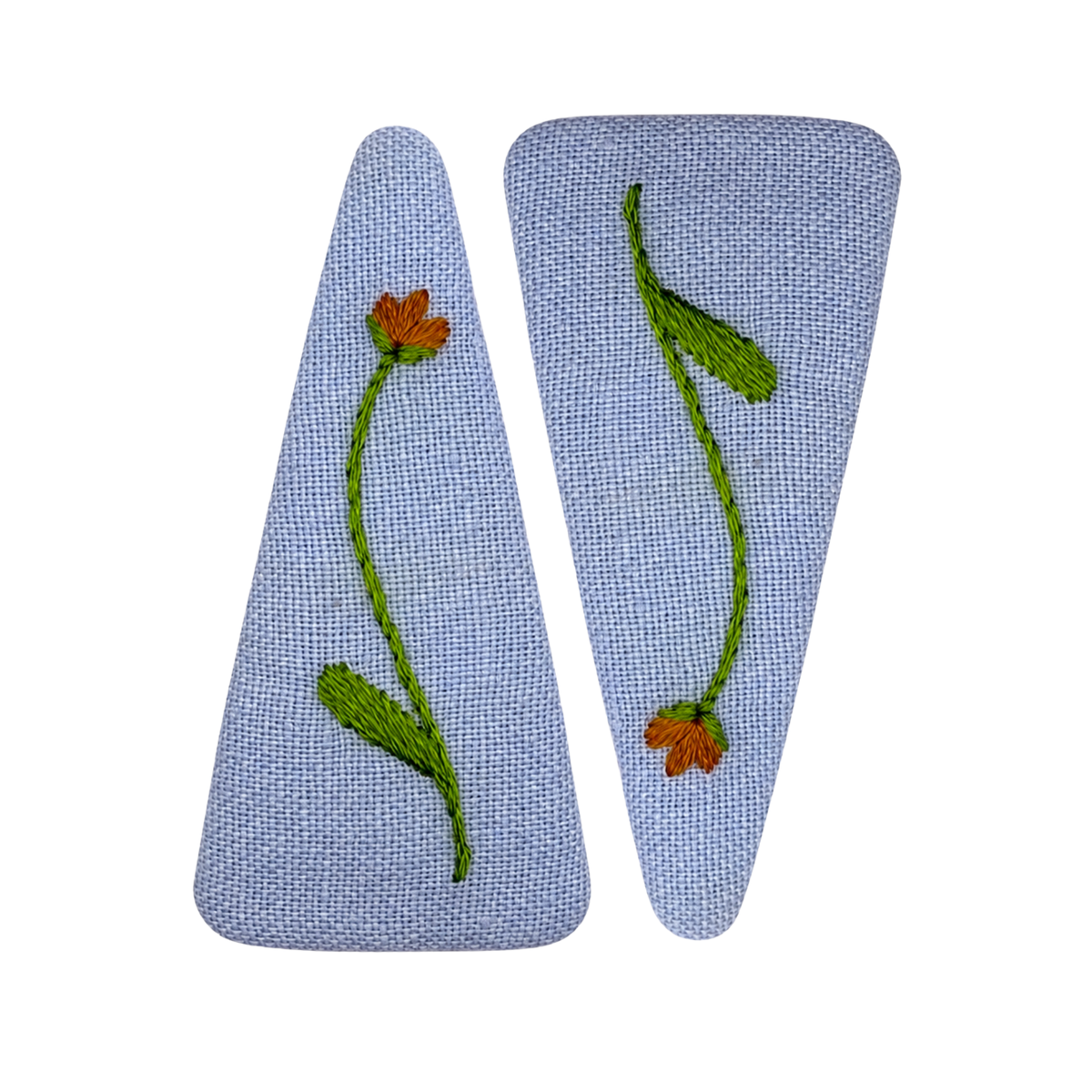 Handmade Embroidered Orange Flower, Light Blue Linen Hair Snap Clips, Triangle, 2.76 in. (Pack of 2)