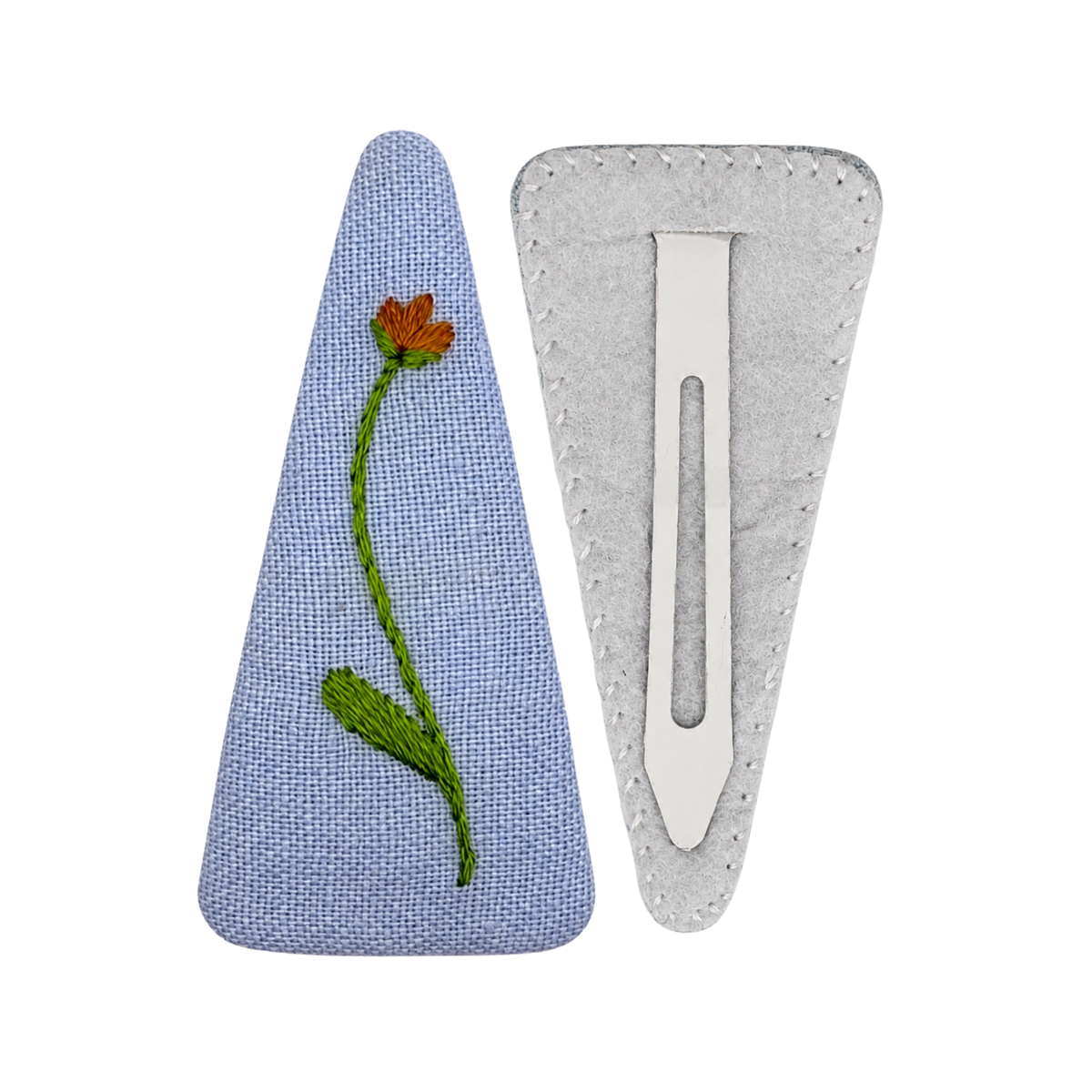 Handmade Embroidered Orange Flower, Light Blue Linen Hair Snap Clips, Triangle, 2.76 in. (Pack of 2)