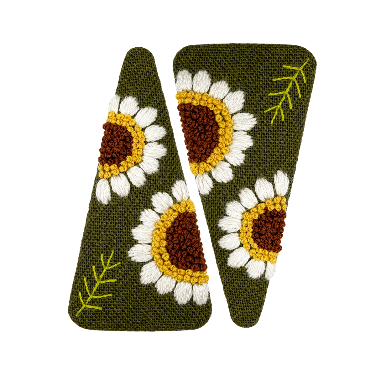Handmade Embroidered Sunflower, Olive Green Linen Hair Snap Clips, Triangle, 2.76 in. (Pack of 2)