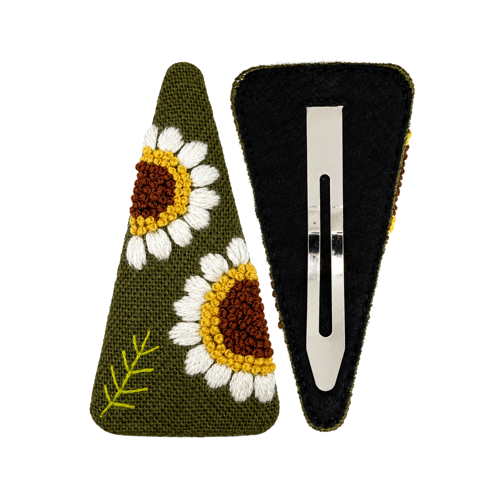 Handmade Embroidered Sunflower, Olive Green Linen Hair Snap Clips, Triangle, 2.76 in. (Pack of 2)