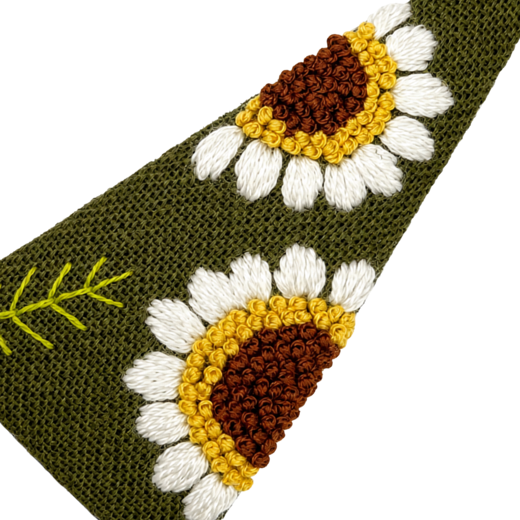 Handmade Embroidered Sunflower, Olive Green Linen Hair Snap Clips, Triangle, 2.76 in. (Pack of 2)