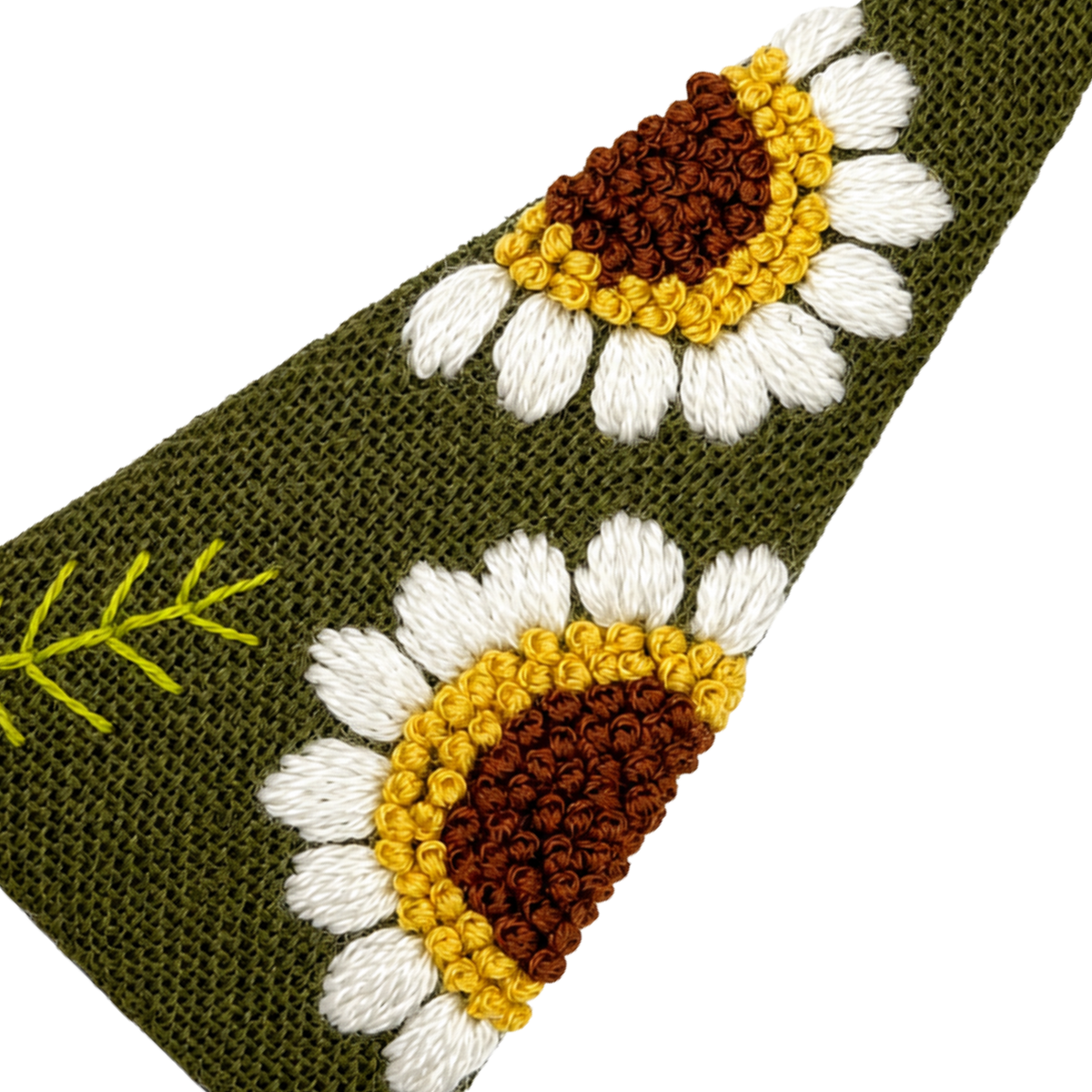 Handmade Embroidered Sunflower, Olive Green Linen Hair Snap Clips, Triangle, 2.76 in. (Pack of 2)