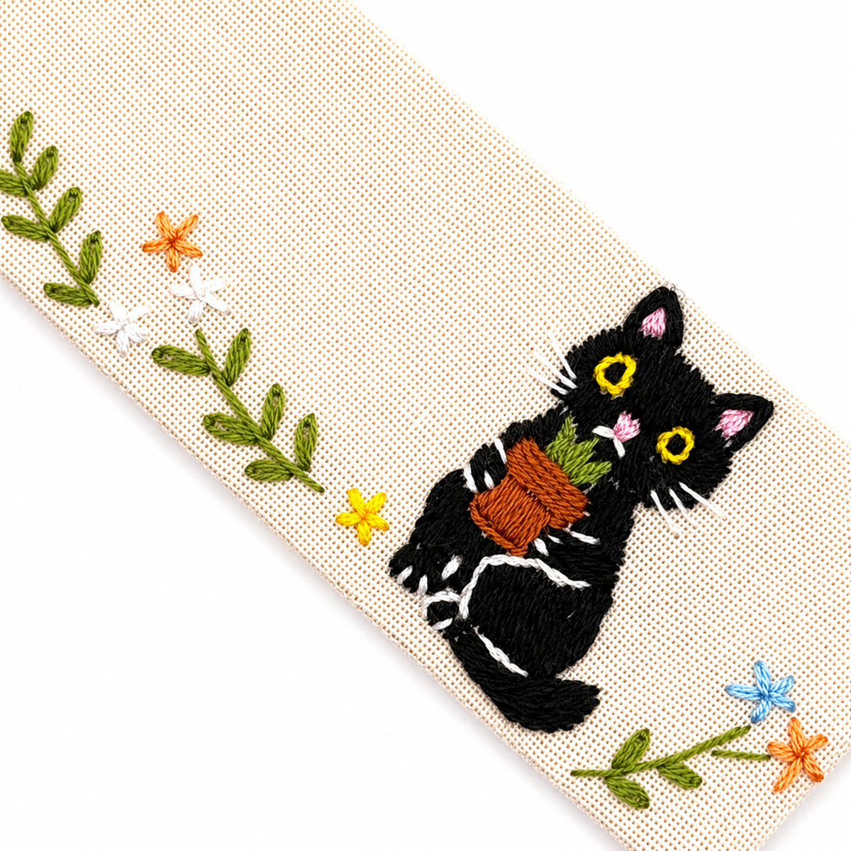 Handmade Embroidered Black Cat Linen Bookmark With Tassel - Garden Cat, 5.5 x 1.6 in.