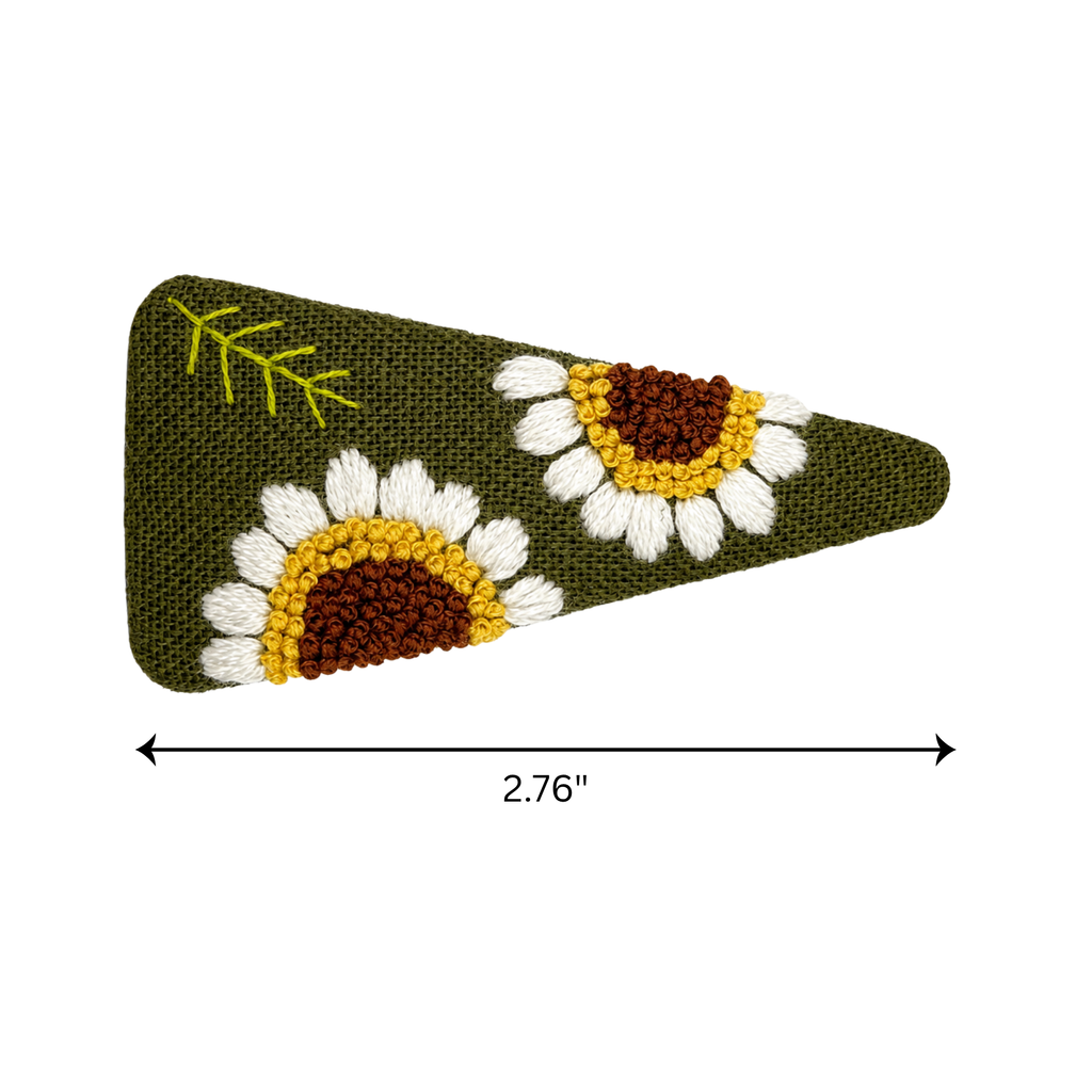 Handmade Embroidered Sunflower, Olive Green Linen Hair Snap Clips, Triangle, 2.76 in. (Pack of 2)