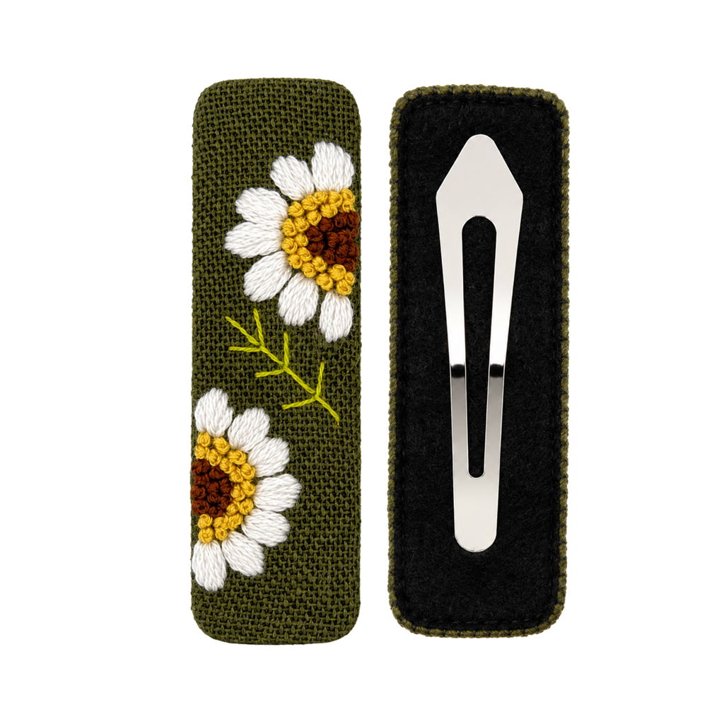 Handmade Embroidered Sunflower, Olive Green Linen Hair Snap Clips, Rectangle, 2.36 in. (Pack of 2)