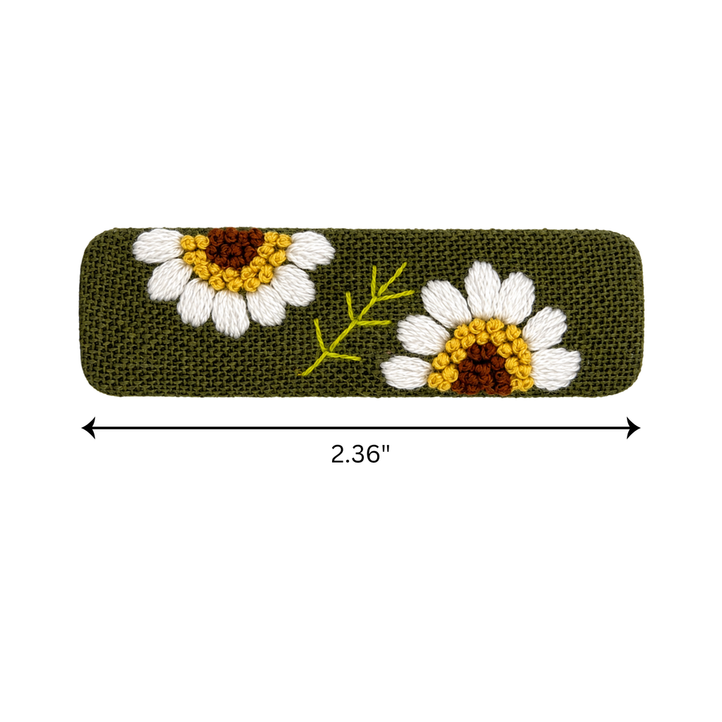 Handmade Embroidered Sunflower, Olive Green Linen Hair Snap Clips, Rectangle, 2.36 in. (Pack of 2)