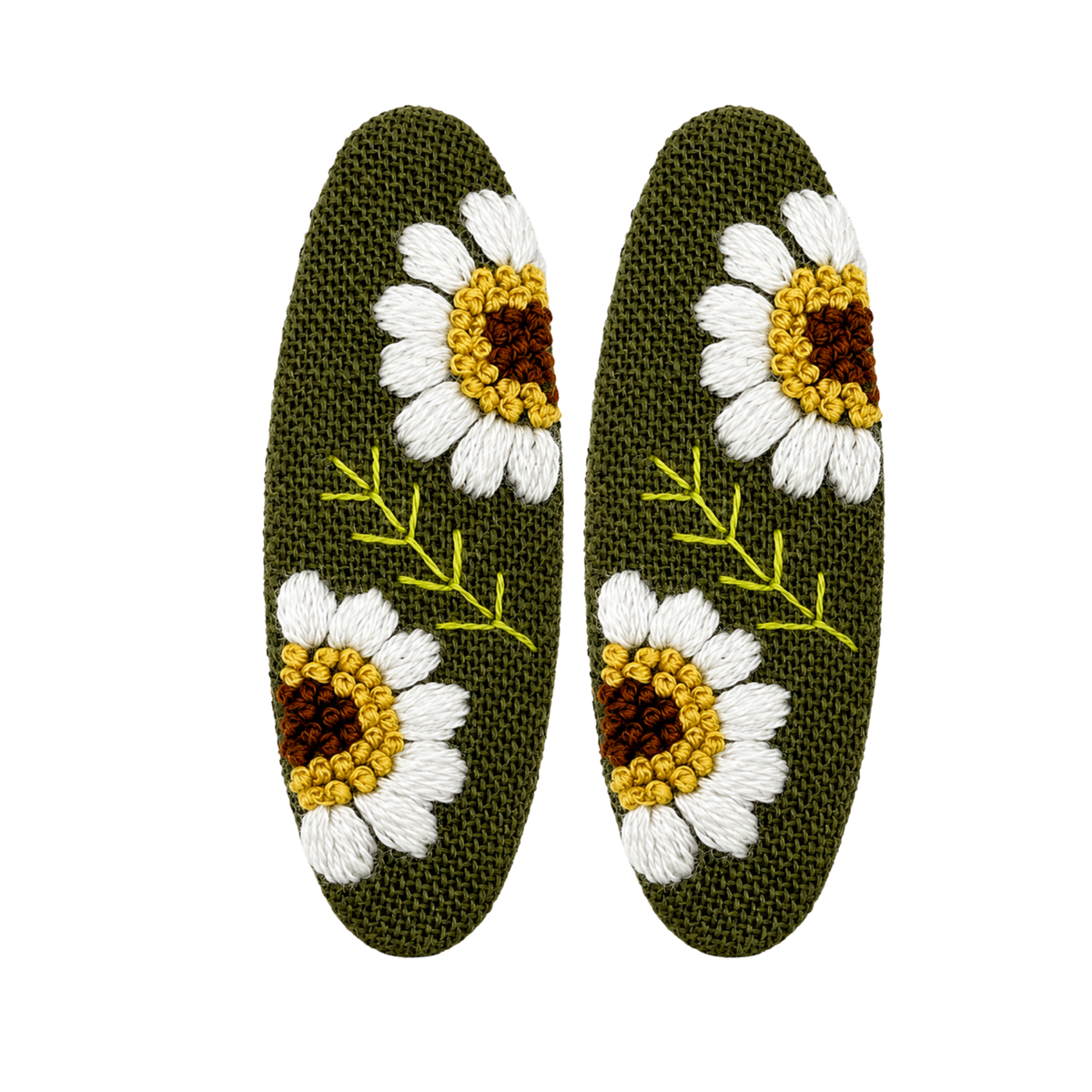 Handmade Embroidered Sunflower, Olive Green Linen Hair Snap Clips, Oval, 2.36 in. (Pack of 2)
